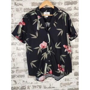 28 Palms Mens Shirt L Hawaiian Black Orchid Bamboo Print Casual Summer Vacation